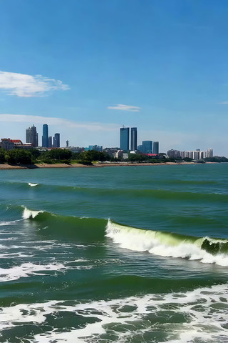 海滨城市高楼与海浪景观 海滨城市高楼与海浪景观