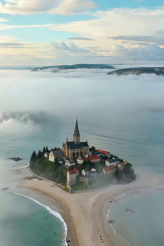 海岛教堂自然风光航拍 海岛教堂自然风光航拍