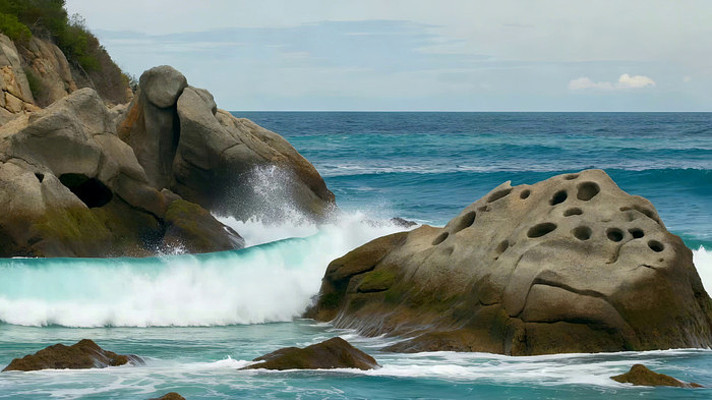 海浪拍打礁石的海边景象 海浪拍打礁石的海边景象