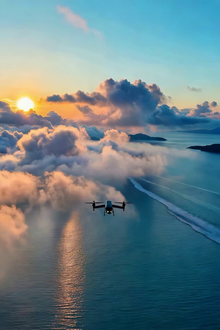 海面无人机飞行日出景观 海面无人机飞行日出景观