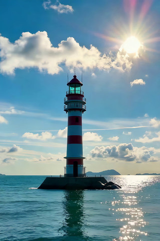 海上红白相间灯塔阳光场景 海上红白相间灯塔阳光场景