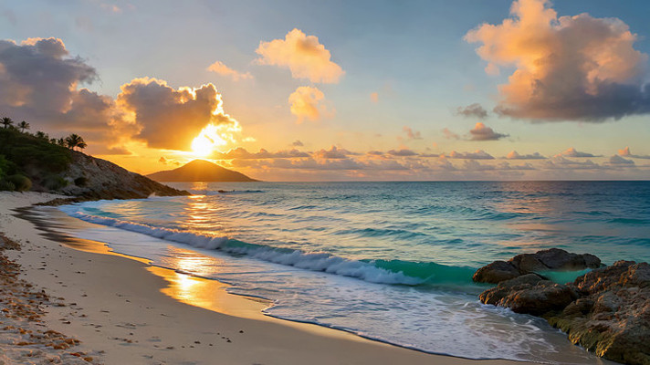 海滩日落海浪全景 海滩日落海浪全景