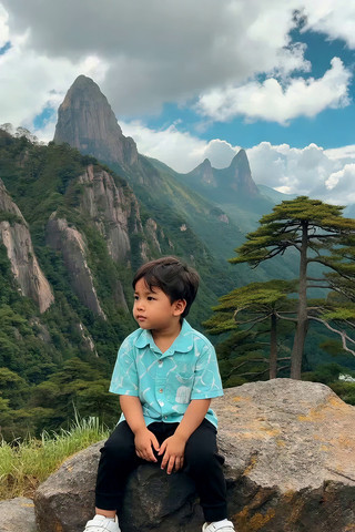 孩童坐于山石赏山间风景 孩童坐于山石赏山间风景