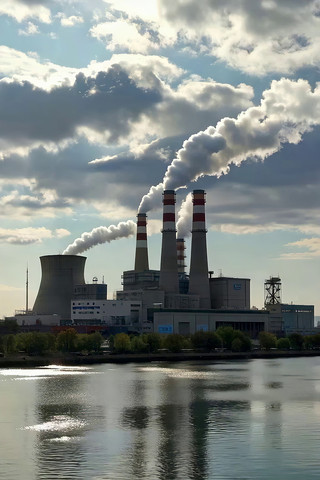 河边工厂烟囱冒烟景象 河边工厂烟囱冒烟景象