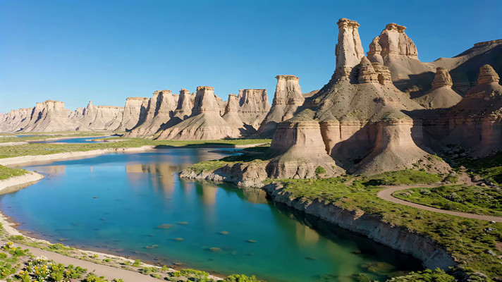 河流边雅丹地貌自然风光 河流边雅丹地貌自然风光