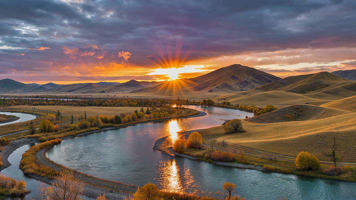 河流山谷日出自然风光 河流山谷日出自然风光