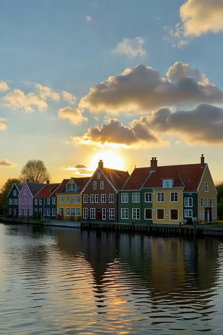 河畔彩色房屋日落景象 河畔彩色房屋日落景象