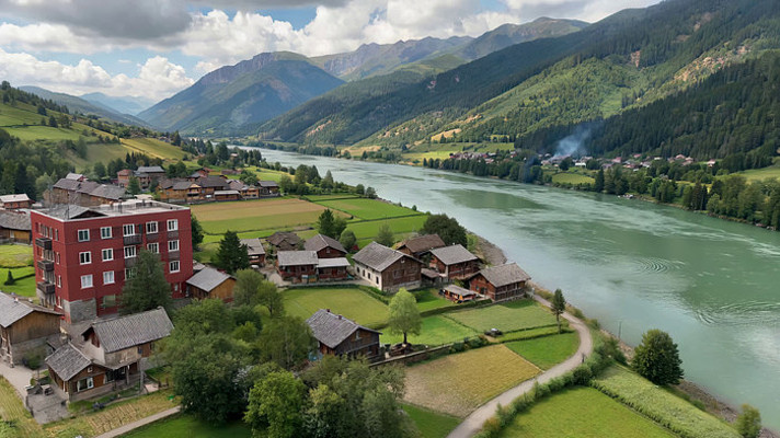 河畔村庄与山脉自然风光 河畔村庄与山脉自然风光