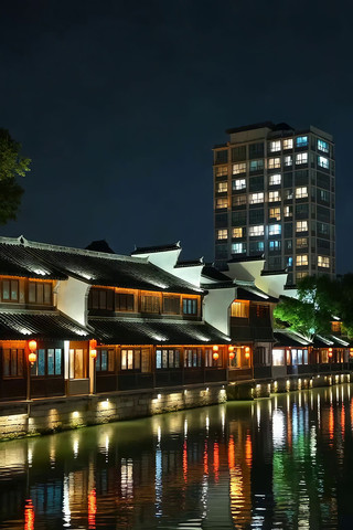 河畔古建与现代高楼夜景 河畔古建与现代高楼夜景