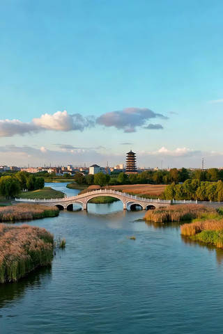 河畔古塔石桥自然风光 河畔古塔石桥自然风光