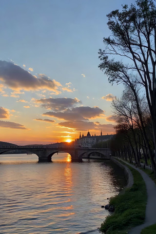 河畔桥梁夕阳风景 河畔桥梁夕阳风景