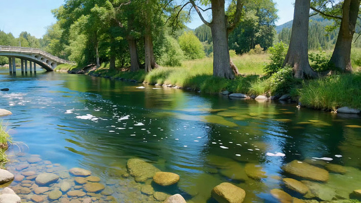 河畔树林石桥自然风光 河畔树林石桥自然风光