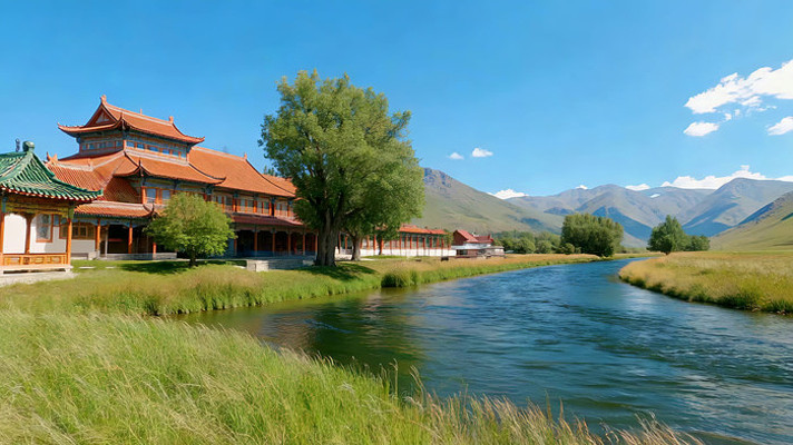 河畔中式建筑自然风光 河畔中式建筑自然风光