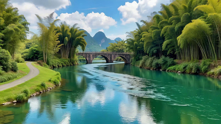 河畔竹林石桥自然风光 河畔竹林石桥自然风光