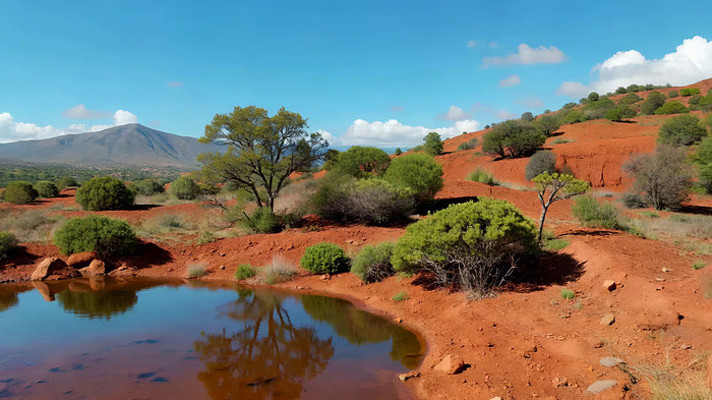 红土地山丘旁的小水塘景观 红土地山丘旁的小水塘景观