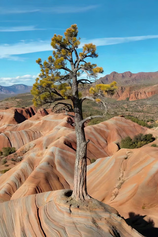 荒漠孤树与彩色岩石景观 荒漠孤树与彩色岩石景观