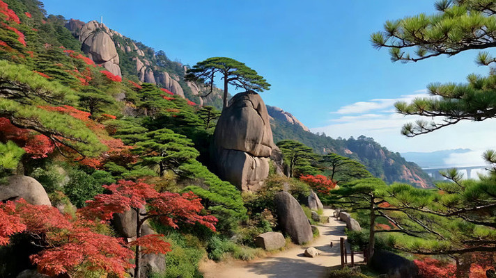 黄山自然风光山间松树与红叶 黄山自然风光山间松树与红叶