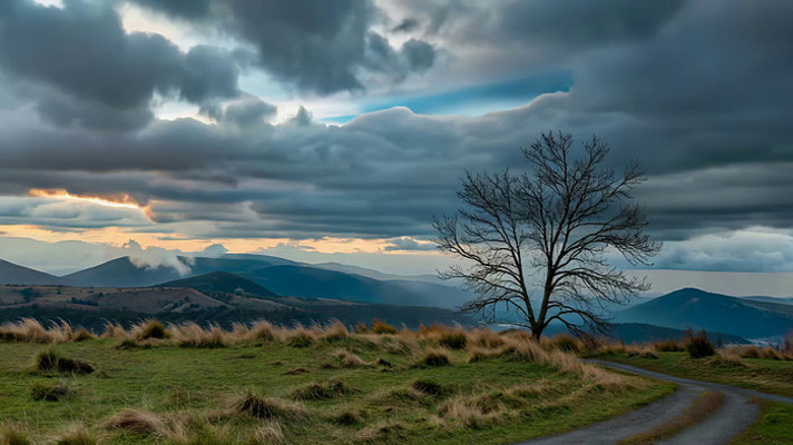 荒野孤树与山峦风景 荒野孤树与山峦风景
