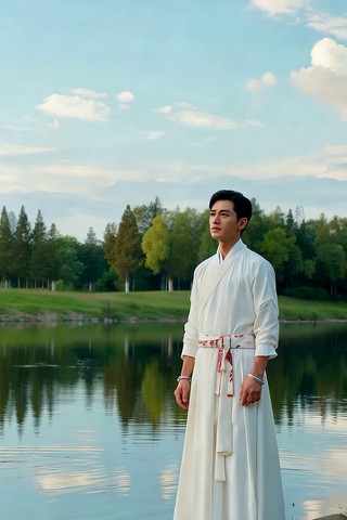 湖边古装男子站立身影 湖边古装男子站立身影