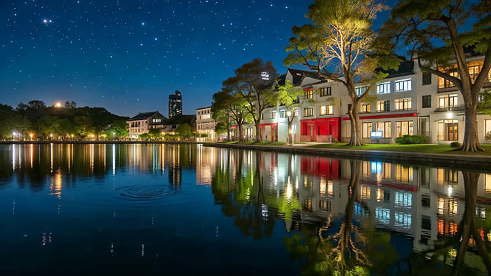 湖边建筑夜景倒影 湖边建筑夜景倒影