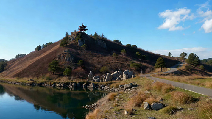 湖边山丘上的中式建筑风景 湖边山丘上的中式建筑风景
