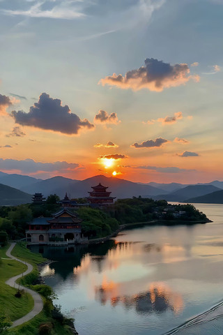 湖泊畔古建筑日落风光 湖泊畔古建筑日落风光