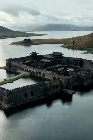 湖泊中的古风建筑全景 湖泊中的古风建筑全景