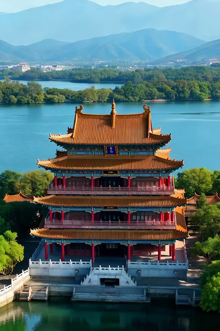 湖景中的中式古建筑全景 湖景中的中式古建筑全景