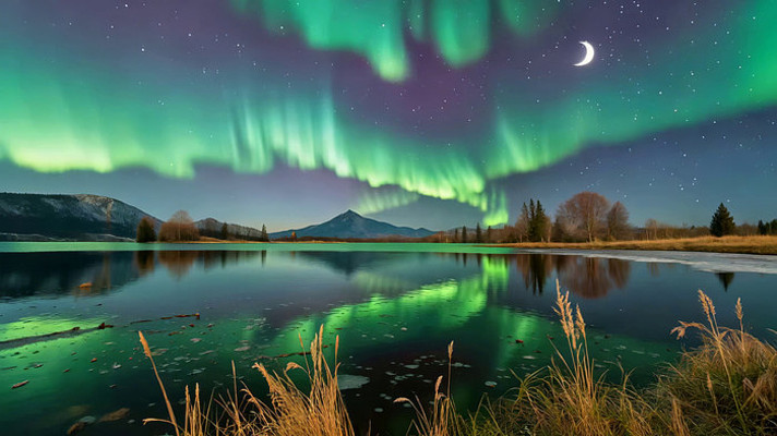 湖面极光夜景 湖面极光夜景