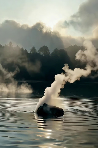 湖面上冒烟的石头自然风光 湖面上冒烟的石头自然风光