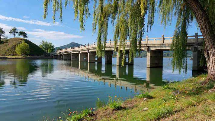 湖畔垂柳石桥自然风光 湖畔垂柳石桥自然风光