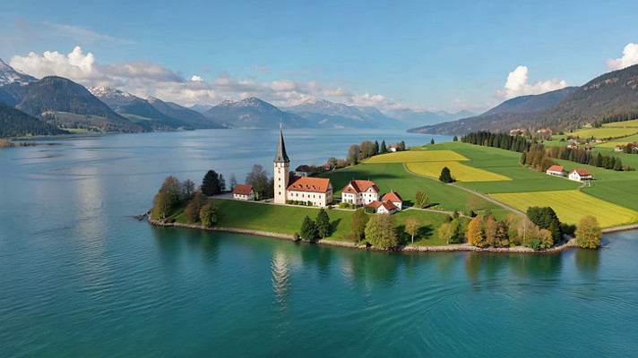 湖畔岛屿建筑自然风光俯瞰 湖畔岛屿建筑自然风光俯瞰