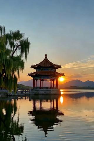 湖畔古亭日落美景 湖畔古亭日落美景