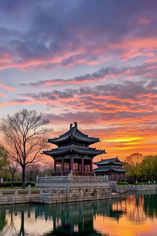 湖畔古亭日落美景 湖畔古亭日落美景