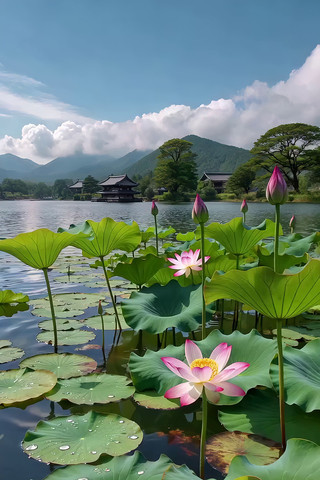 湖畔荷花荷叶自然风光 湖畔荷花荷叶自然风光