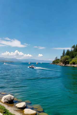 湖畔蓝天白云船只自然风光 湖畔蓝天白云船只自然风光