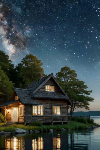 湖畔木屋星空夜景素材 湖畔木屋星空夜景素材