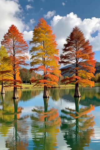 湖畔秋色树木倒影景观 湖畔秋色树木倒影景观