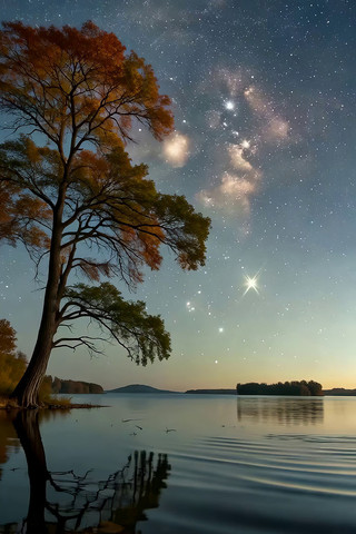 湖畔秋树星空夜景 湖畔秋树星空夜景