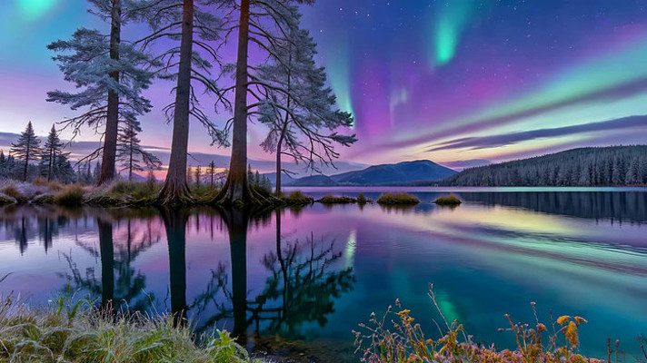 湖畔森林极光夜景 湖畔森林极光夜景