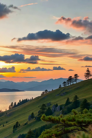 湖畔山坡日落自然风光 湖畔山坡日落自然风光