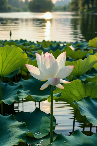 湖畔盛开的荷花与荷叶景观 湖畔盛开的荷花与荷叶景观