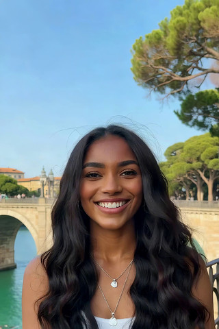 户外河畔微笑长发女性 户外河畔微笑长发女性