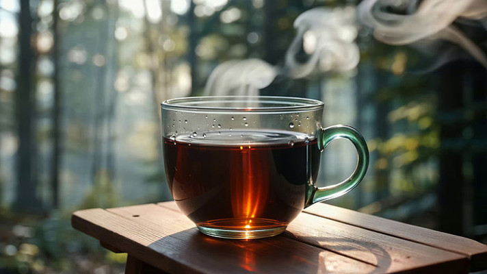 户外木桌上的热茶特写 户外木桌上的热茶特写