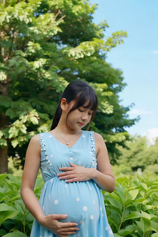 户外孕妇轻抚腹部 户外孕妇轻抚腹部