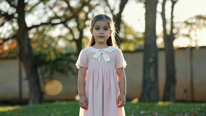 户外站立的穿粉裙小女孩 户外站立的穿粉裙小女孩