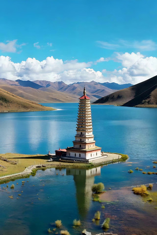 湖中小塔自然风光 湖中小塔自然风光