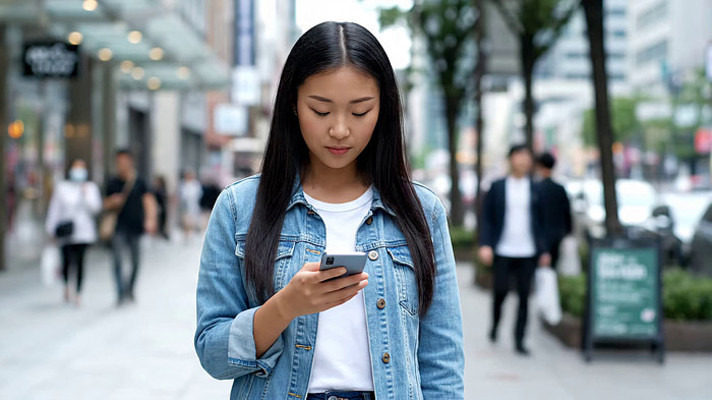 街头女子专注使用手机 街头女子专注使用手机