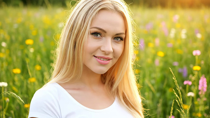 金发女子花田微笑特写 金发女子花田微笑特写