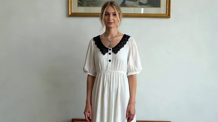 金发女子室内站立着装展示 金发女子室内站立着装展示